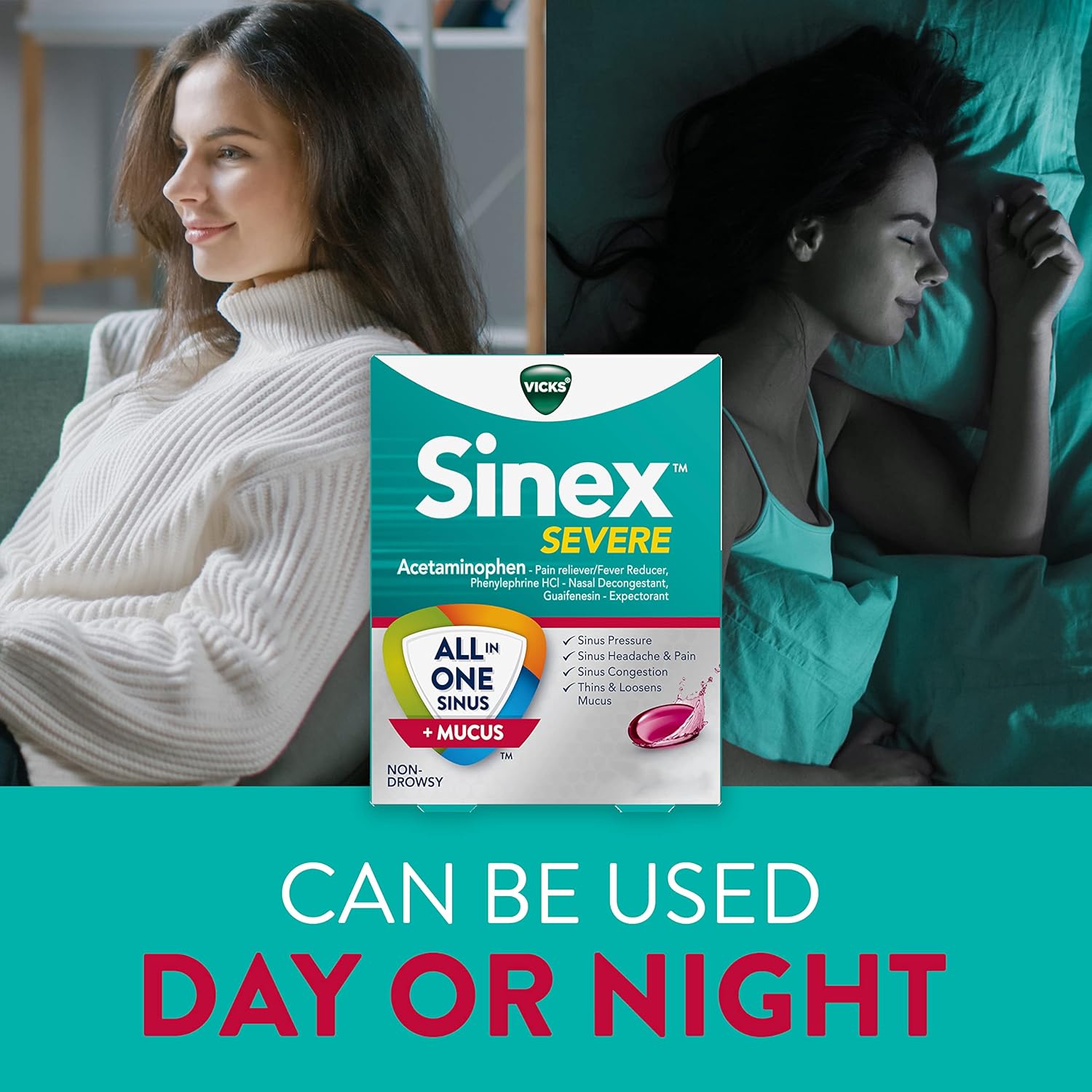 Vicks Sinex SEVERE, All-In-One Sinus + Mucus Relief, Non-Drowsy, Loosens Mucus, Maximum Strength Relief of Pain, Pressure, Congestion, & Headache Relief, 24 LiquiCaps : Health & Household