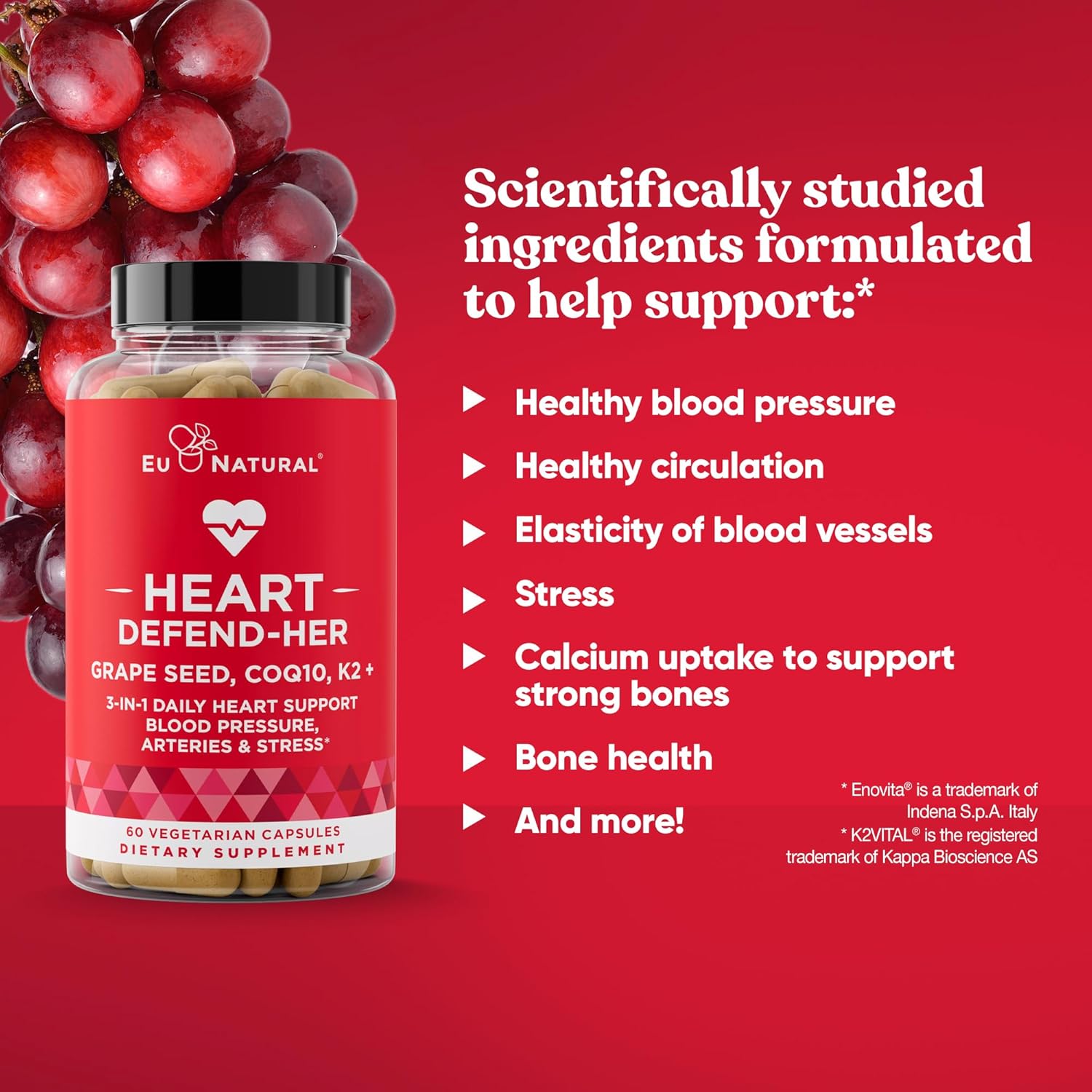 Heart Defend-Her Womens Heart Health Supplements – Advanced 3-in-1 Blend with Grape Seed Extract, Vitamin K2 MK-7, and CoQ10 – Support Blood Pressure, Artery and Bone Strength – 60 Vegetarian Capsules : Health & Household