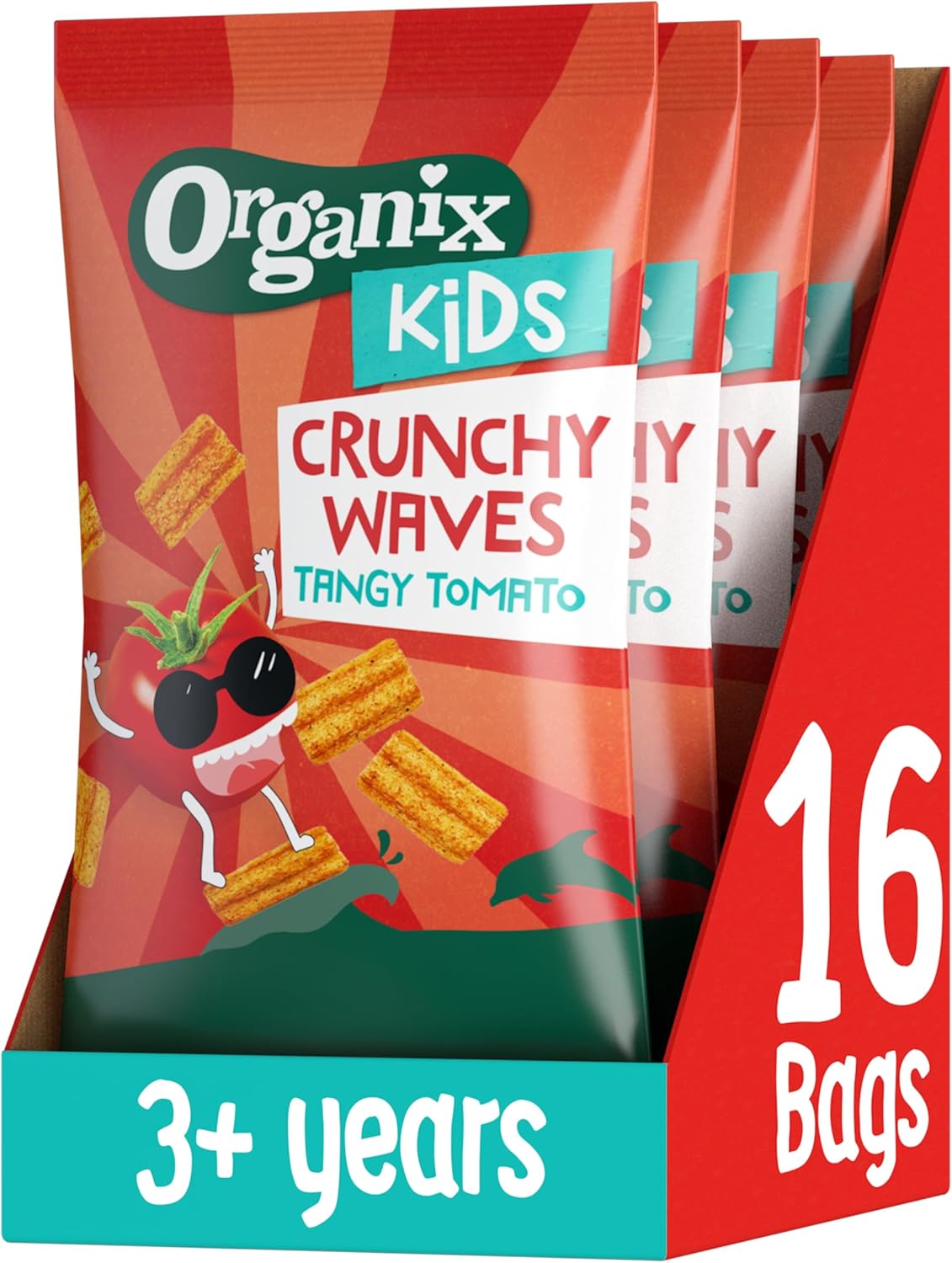 Organix Kids Tangy Tomato Crunchy Waves Snack 3+ Years Multipack, 4 X 14 G Bags Per Pack (4 Packs Total)