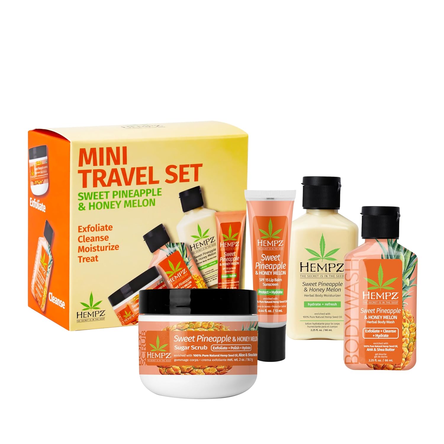 Hempz Mini Sweet Treats, Travel Kit, Mini Body Wash, Body Lotion, Body Scrub And Lip Balm, Sweet Pineapple Honeymelon Scent, 4 Piece Gift Set