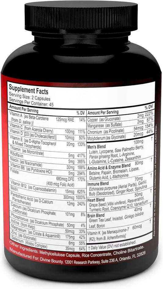 Mens Multivitamin  Daily Multivitamin For Men With Vitamin A C D E K B Complex, Calcium, Magnesium, Selenium, Zinc Plus Heart, Brain, Immune, And Men'S Multivitamins  90 Vegetarian Capsules