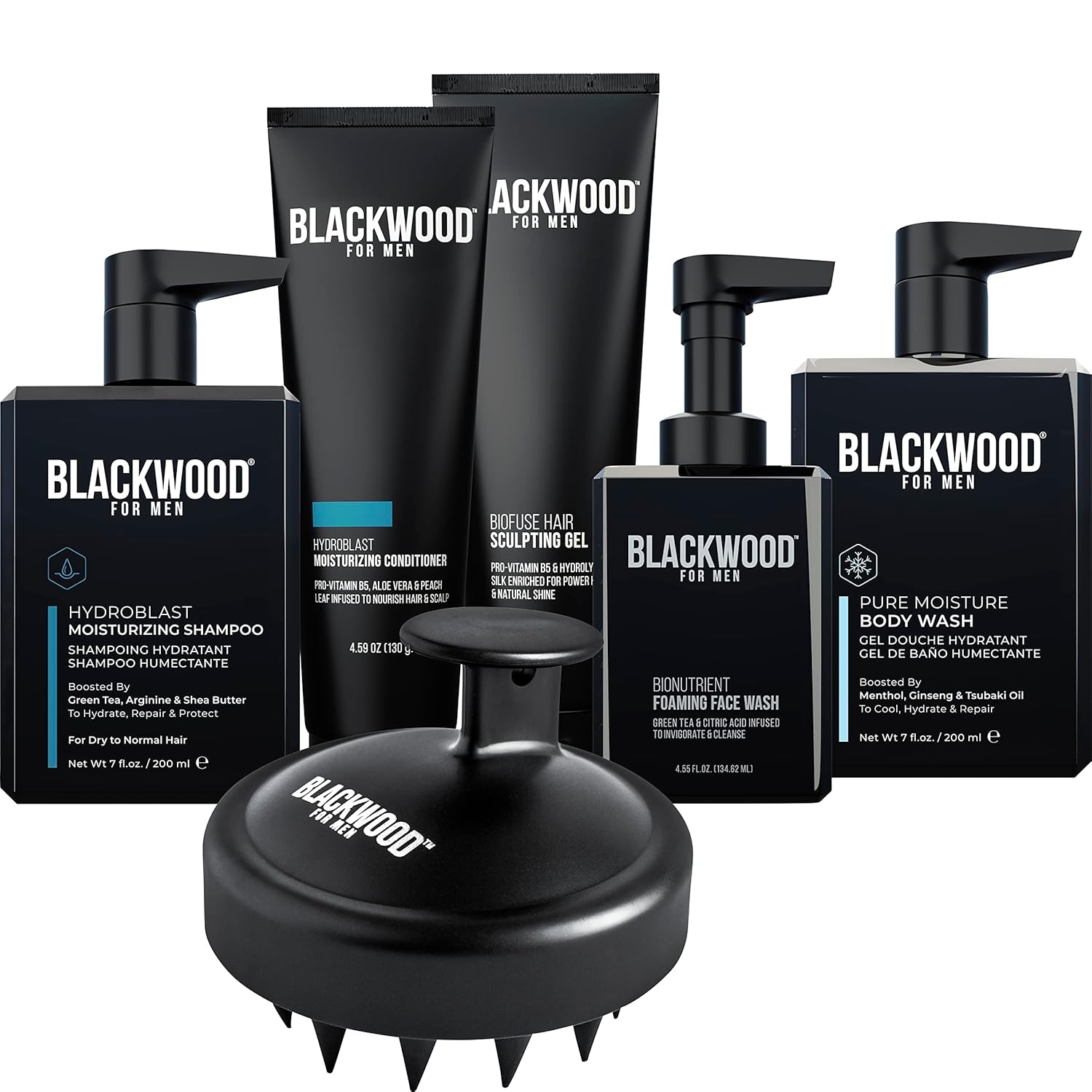 Blackwood For Men Hydro Cleanse Complete Set Including Scalp Massager, Hydroblast Shampoo, Hydroblast Conditioner, Pure Moisture Body Wash, & Biofuse Sculpting Gel - Natural Vegan Formula