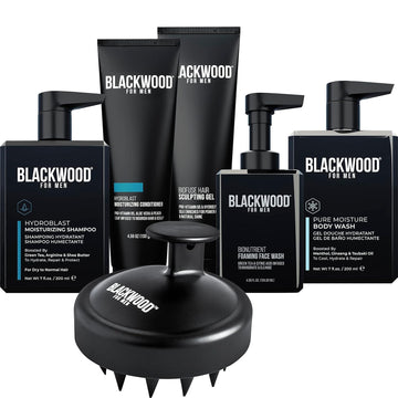 Blackwood For Men Hydro Cleanse Complete Set Including Scalp Massager, Hydroblast Shampoo, Hydroblast Conditioner, Pure Moisture Body Wash, & Biofuse Sculpting Gel - Natural Vegan Formula