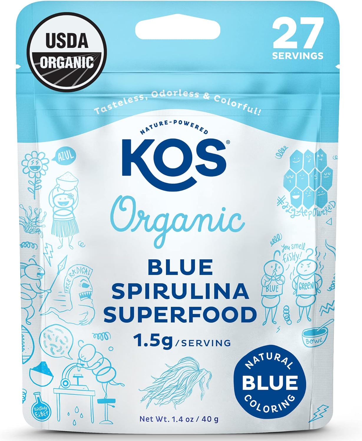 KOS USDA Organic Blue Spirulina Powder, Phycocyanin - Vegan Algae Superfood - Natural Food Coloring for Smoothies & Protein Drinks, Plant Based, Non GMO - 27 Servings