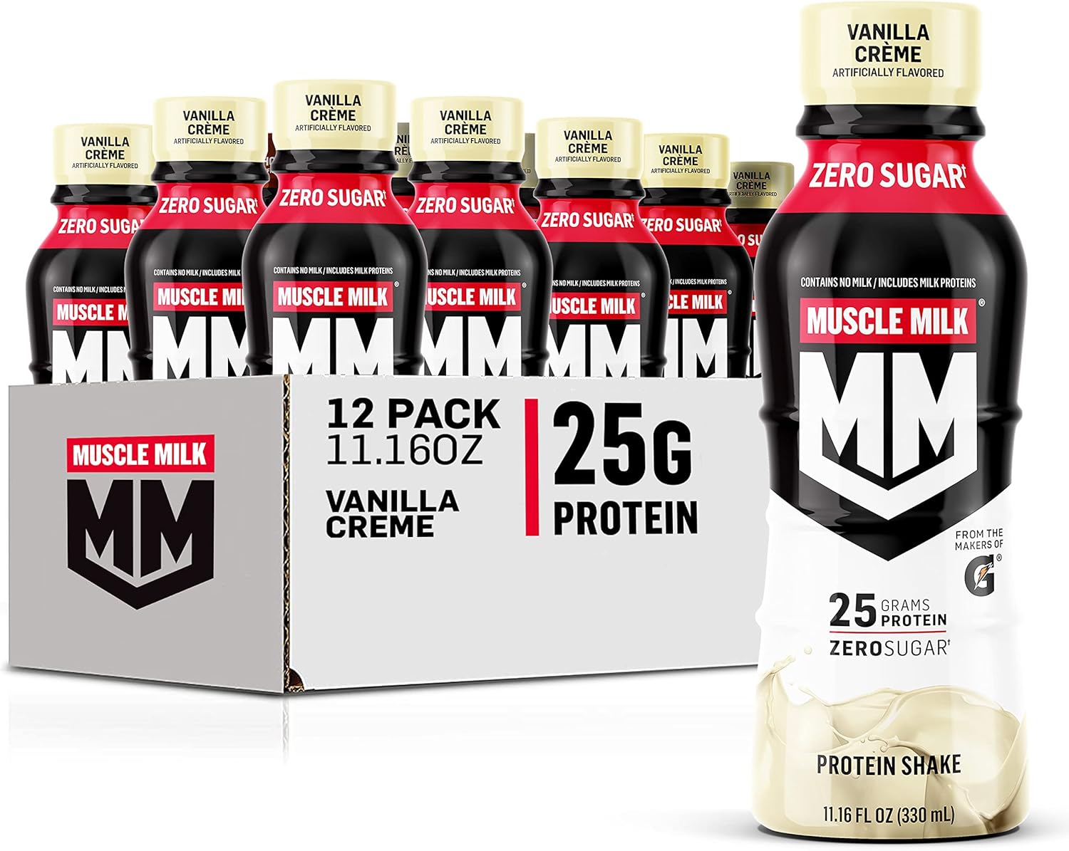 Muscle Milk Genuine Protein Shake, Vanilla Creme, 11.16 Fl Oz Bottle, 12 Pack, 25G Protein, Zero Sugar, Calcium, Vitamins A, C & D, 5G Fiber, Energizing Snack, Workout Recovery, Packaging May Vary