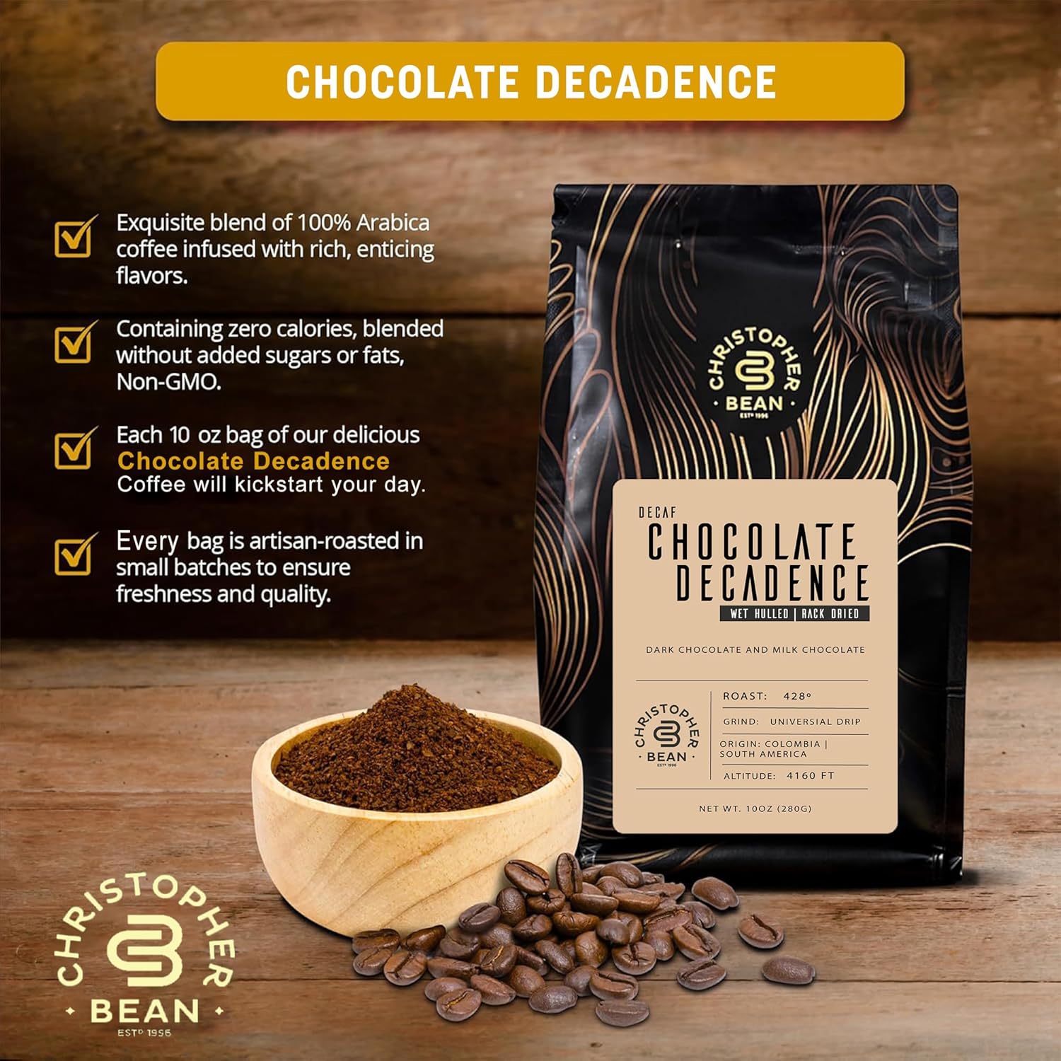 Christopher Bean Coffee - Decaf Ground Universal Drip Chocolate Decadence Flavored Coffee| Flavored Coffee With Medium Roast 100% Arabica, No Sugar, No Fats, Non-Gmo | 10-Ounce