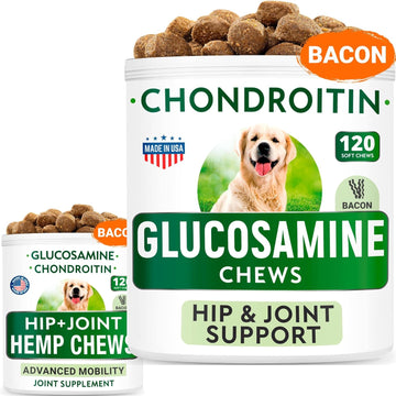 Hemp Treats + Glucosamine Dog Chews Bundle - Natural Joint Pain Relief Supplement - Hemp Oil, Chondroitin W/Msm, Omega 3 - Advanced Hip & Joint Support Formula - 120 + 120 Chews - Made In Usa