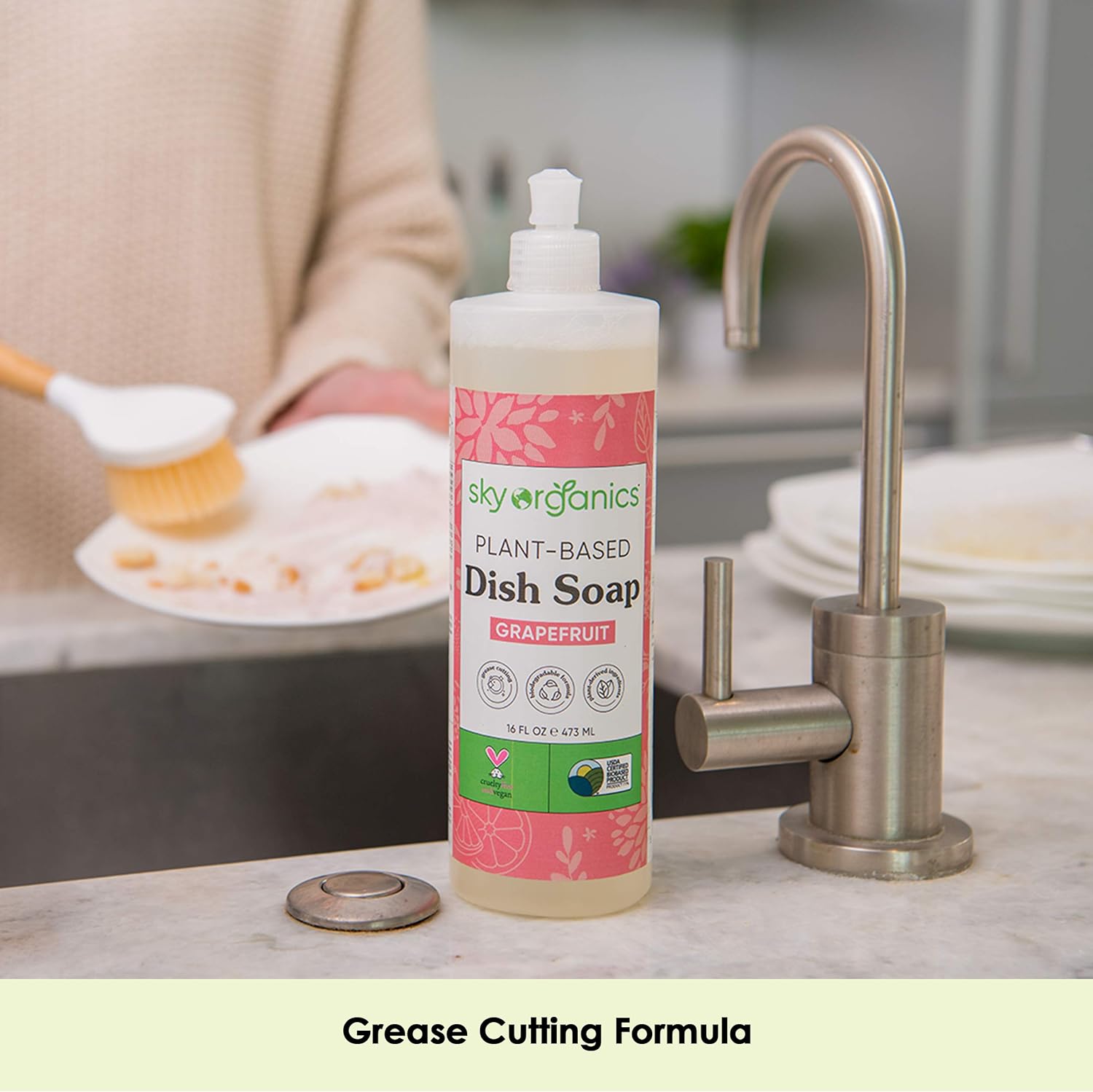 Sky Organics Grapefruit Dish Soap (16 fl oz x 2 Pack) Bio-Based Liquid Grease Cutting Soap, Cruelty-Free, Biodegradable Formula : Health & Household