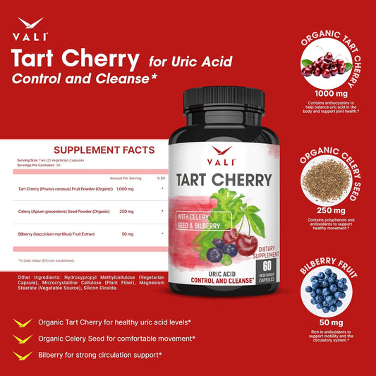 Vali Tart Cherry Uric Acid Cleanse. Organic Cherry Concentrate, Organic Celery Powder & Bilberry Extract. Joint Support, Muscle Health, Sleep & Mobility Polyphenols Supplement. 60 Veggie Capsules