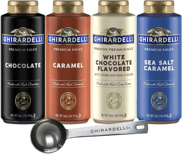 Ghirardelli Chocolate, Caramel, White Chocolate and Sea Salt Caramel Flavored Sauce 16 oz Bottles (Pack of 4) with Ghirardelli Stamped Barista Spoon