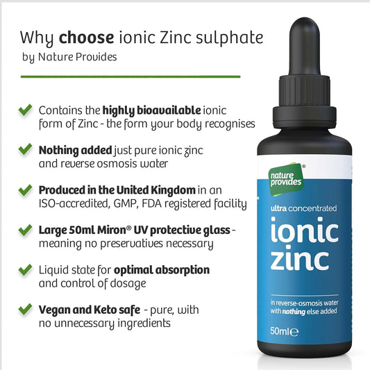 Ionic Zinc Sulphate Liquid Ultra Pure and Concentrated - 50ml (10 Drops = 15mg) Immune and Fertility Support, Skin, Hair and Nails. Vegan raw zinc. Superior to vimergy and eidon zinc (Made in The UK)