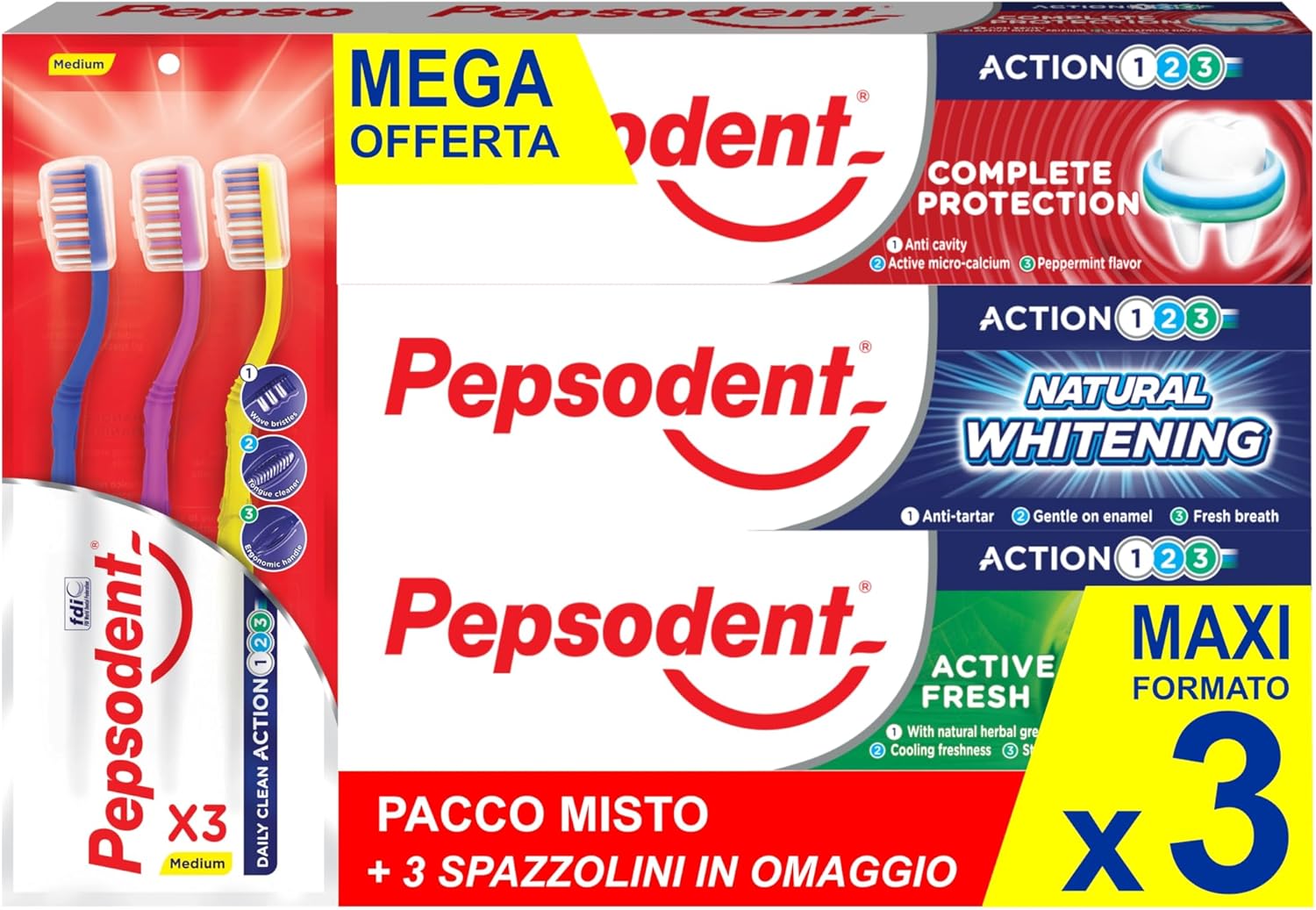 Pepsodent Toothpaste 75 Ml Mixed Pack + 3 Toothbrushes (3 X 75 Ml Pack)