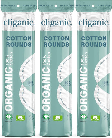 Cliganic Organic Cotton Rounds (300 Count) Makeup Remover Pads, Hypoallergenic, Lint-Free | 100% Pure Cotton (Packaging May Vary)