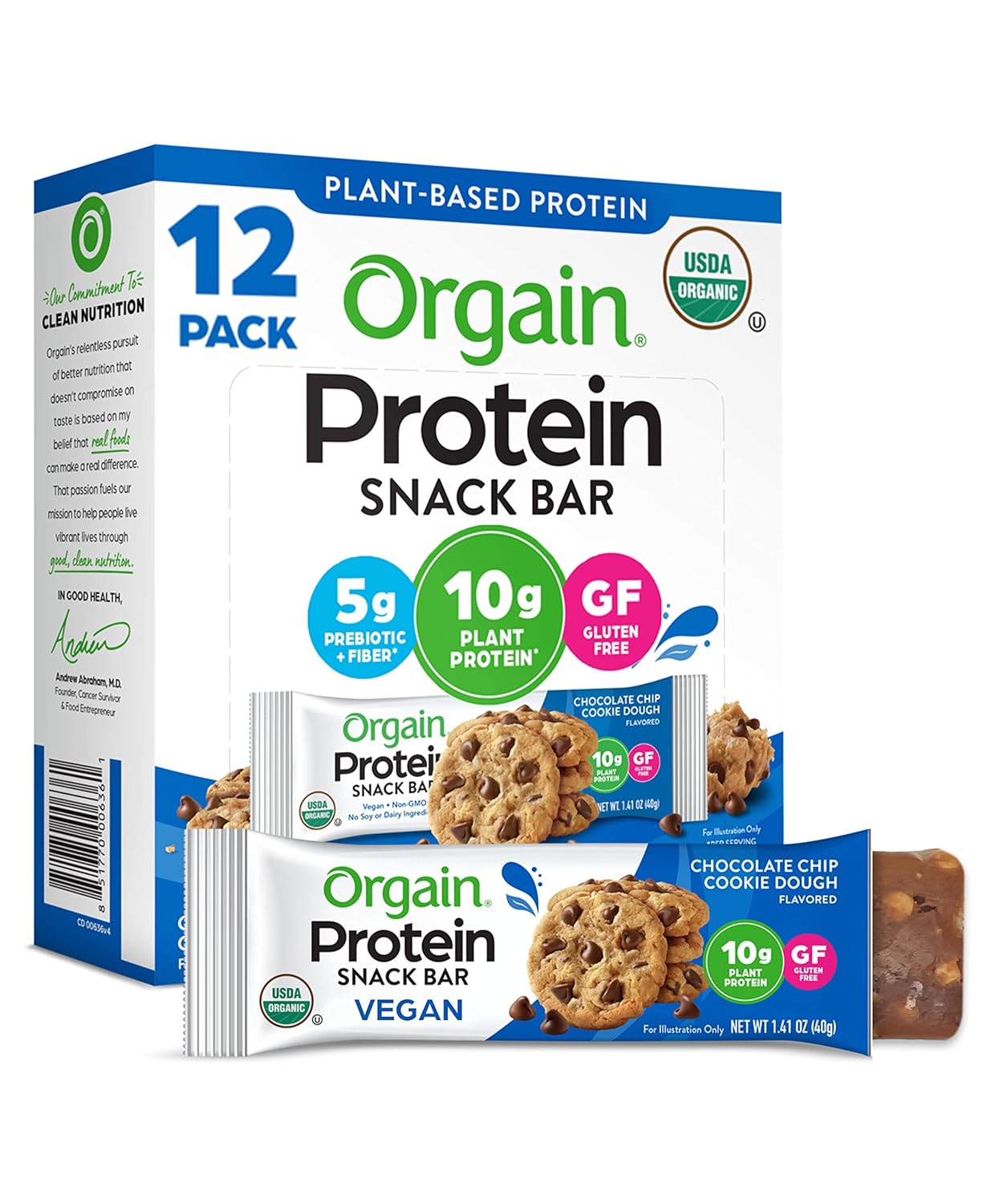 Orgain Organic Vegan Protein Bars, Chocolate Chip Cookie Dough - 10G Plant Based Protein, Low Calorie Healthy Snacks, No Lactose Or Soy Ingredients, Gluten Free, Non-Gmo - 1.41 Oz (Pack Of 12)