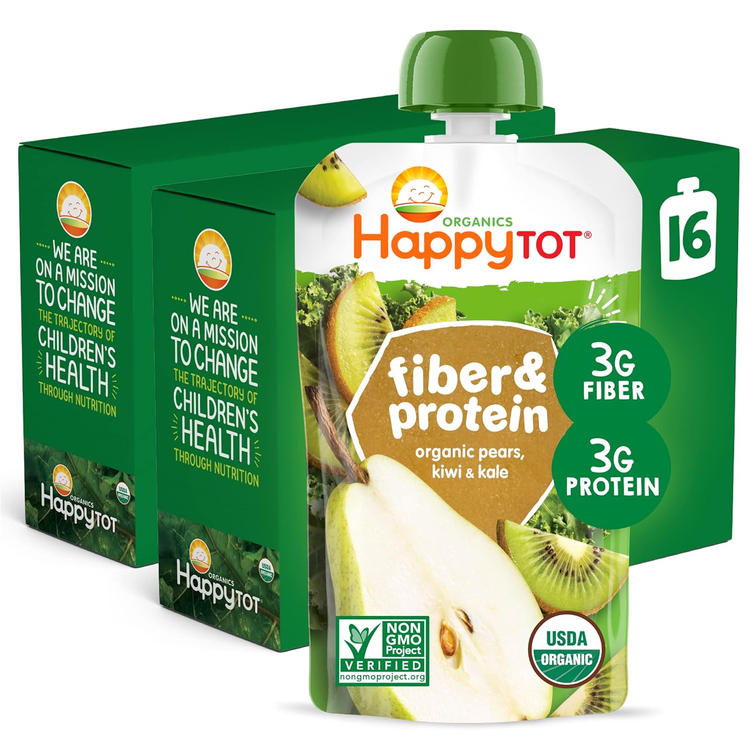 Happy Tot Organics Stage 4 Fiber & Protein, Pears, Kiwi & Kale, 4 Ounce (Pack Of 16)