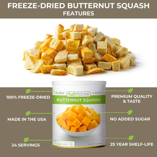 Nutristore Freeze Dried Butternut Squash | Vegetables for Healthy Snack or Long Term Storage | Emergency Survival Canned Food Supply | Bulk #10 Can Veggies | 25 Year Shelf Life | 24 Servings