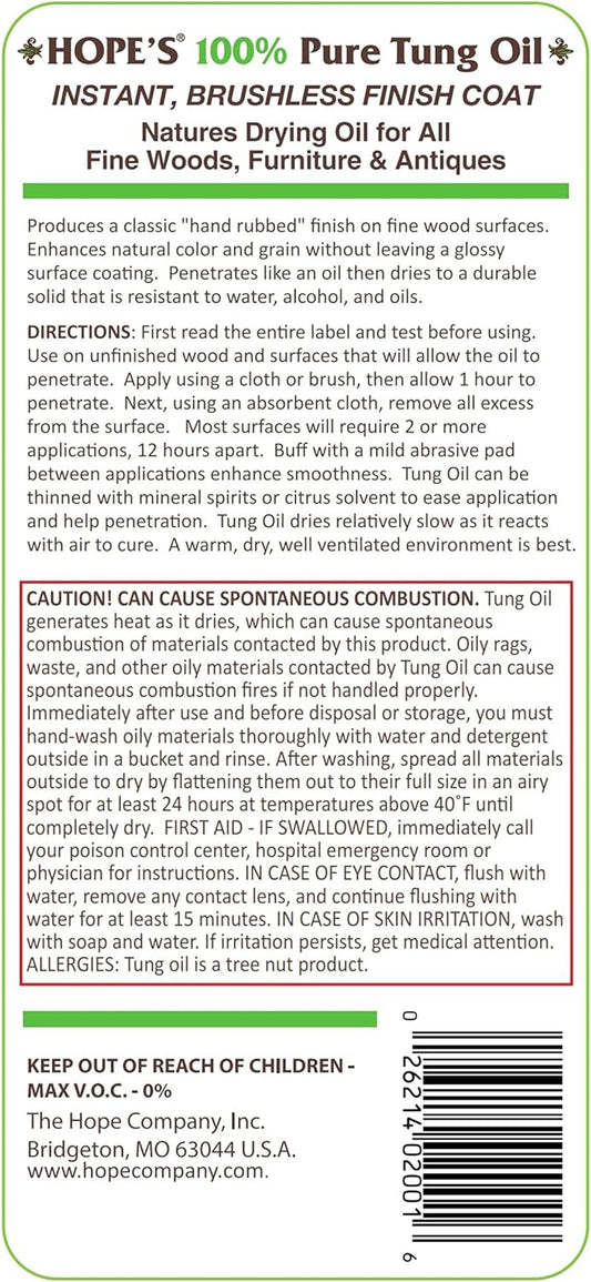 HOPE'S 100% Pure Tung Oil, Food Safe, Premium Waterproof Natural Wood Finish and Sealer for Indoor and Outdoor Projects,16 Fl Oz, 1 Pack