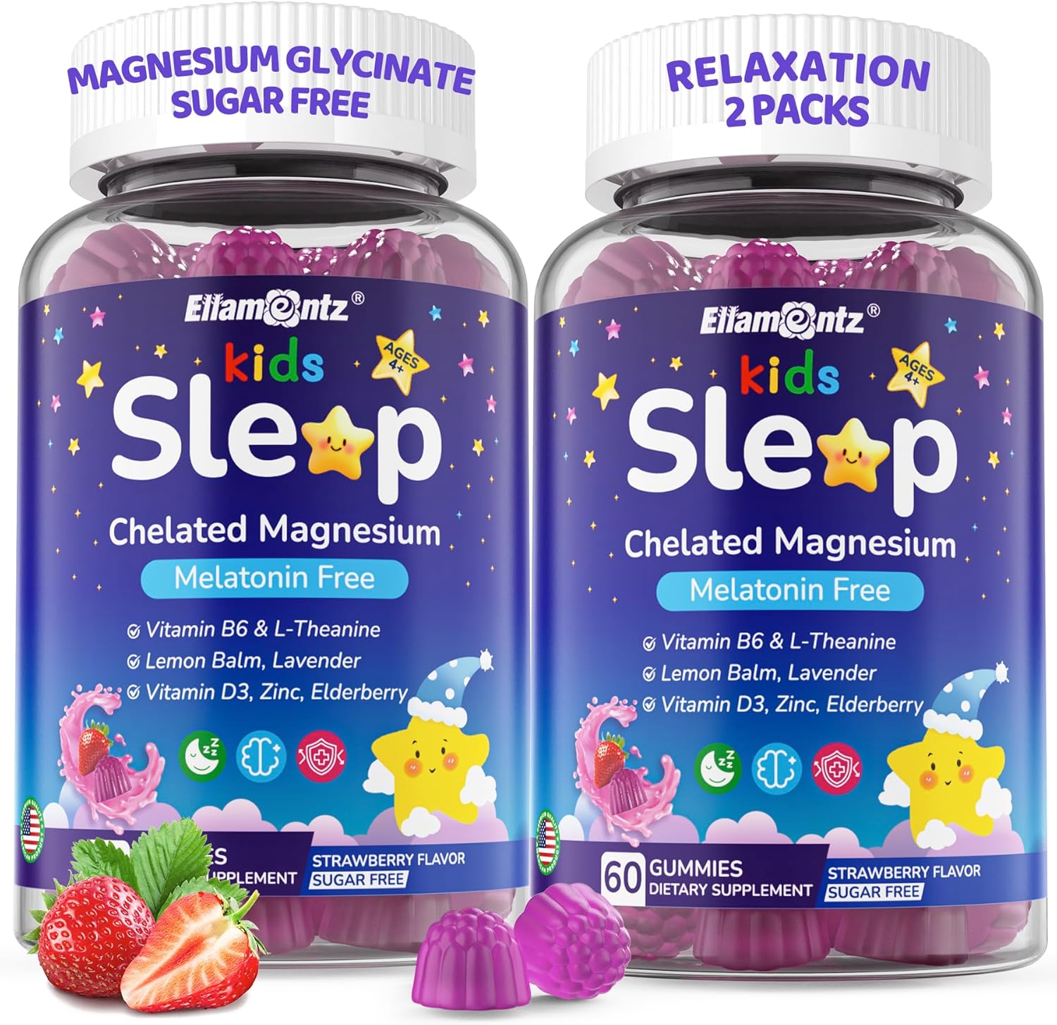 Kids Sleep Gummies, No Melatonin Sleep Aid Gummies W/Magnesium Glycinate, Magnesium Malate, L-Theanine, Lavender, B6, Zinc, D3K2 For Restful Sleep, Relax Brain & Muscle, Immune Support, Non-Gmo 2Pack