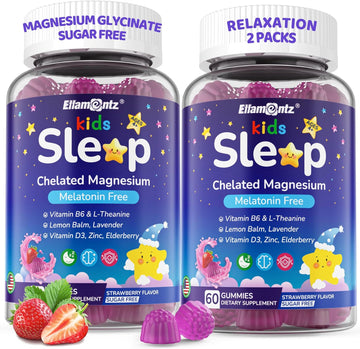 Kids Sleep Gummies, No Melatonin Sleep Aid Gummies W/Magnesium Glycinate, Magnesium Malate, L-Theanine, Lavender, B6, Zinc, D3K2 For Restful Sleep, Relax Brain & Muscle, Immune Support, Non-Gmo 2Pack