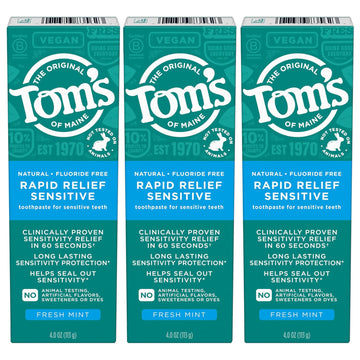 Tom'S Of Maine Fluoride-Free Rapid Relief Sensitive Toothpaste, Fresh Mint, 4 Oz. 3-Pack (Packaging May Vary)