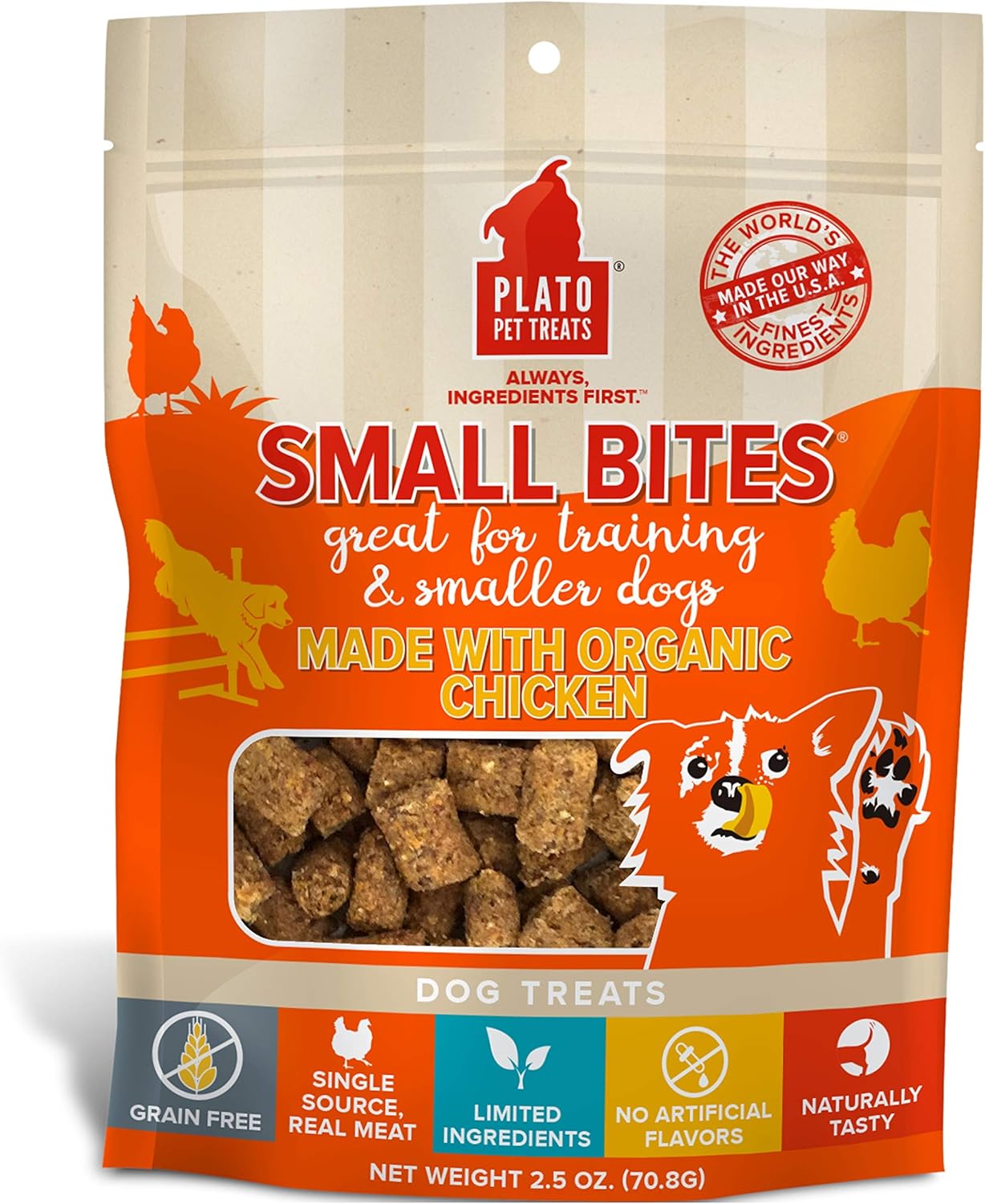 Plato Small Bites Dog Treats, Natural Bite Sized Real Meat & Chicken Flavor, Grain Free & High In Protein, Air Dried Authentic Ingredients, 2 Calories Per Treat, Made In The Usa, 2.5 Ounces