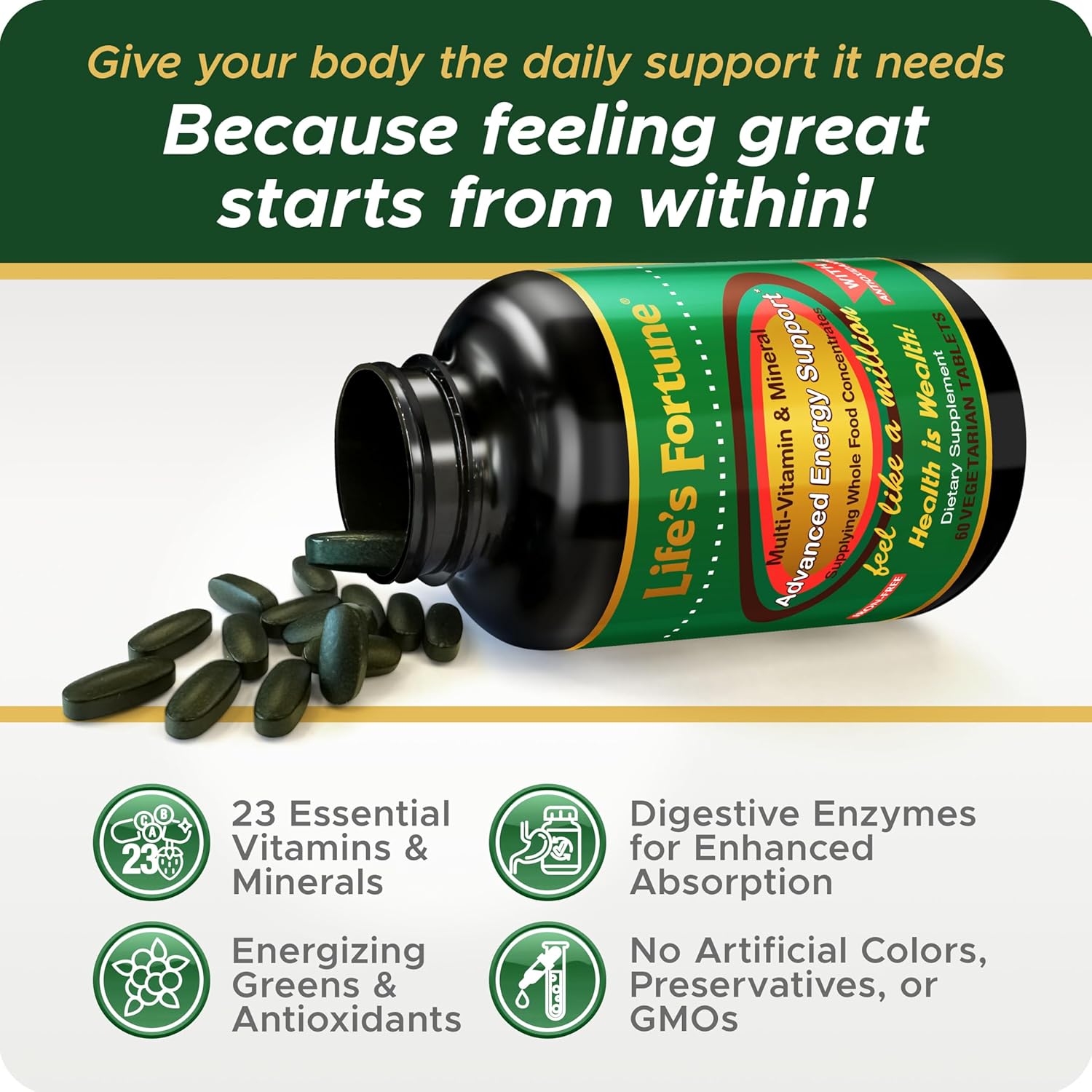 Life'S Fortune Multivitamin & Mineral 60 Tablets, All Natural Energy Source Supplying Whole Food Concentrates, Antioxidants, Amino Acids, Enzymes, Trace Minerals & More : Health & Household