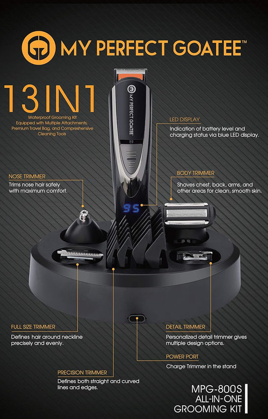 My Perfect Goatee® 13-In-1 Adjustable Beard Trimmer & Goatee Shaving Template For Men - Cordless Beard Grooming Kit For Detailed Or Precise Trim W/Led Battery Charge Indicator