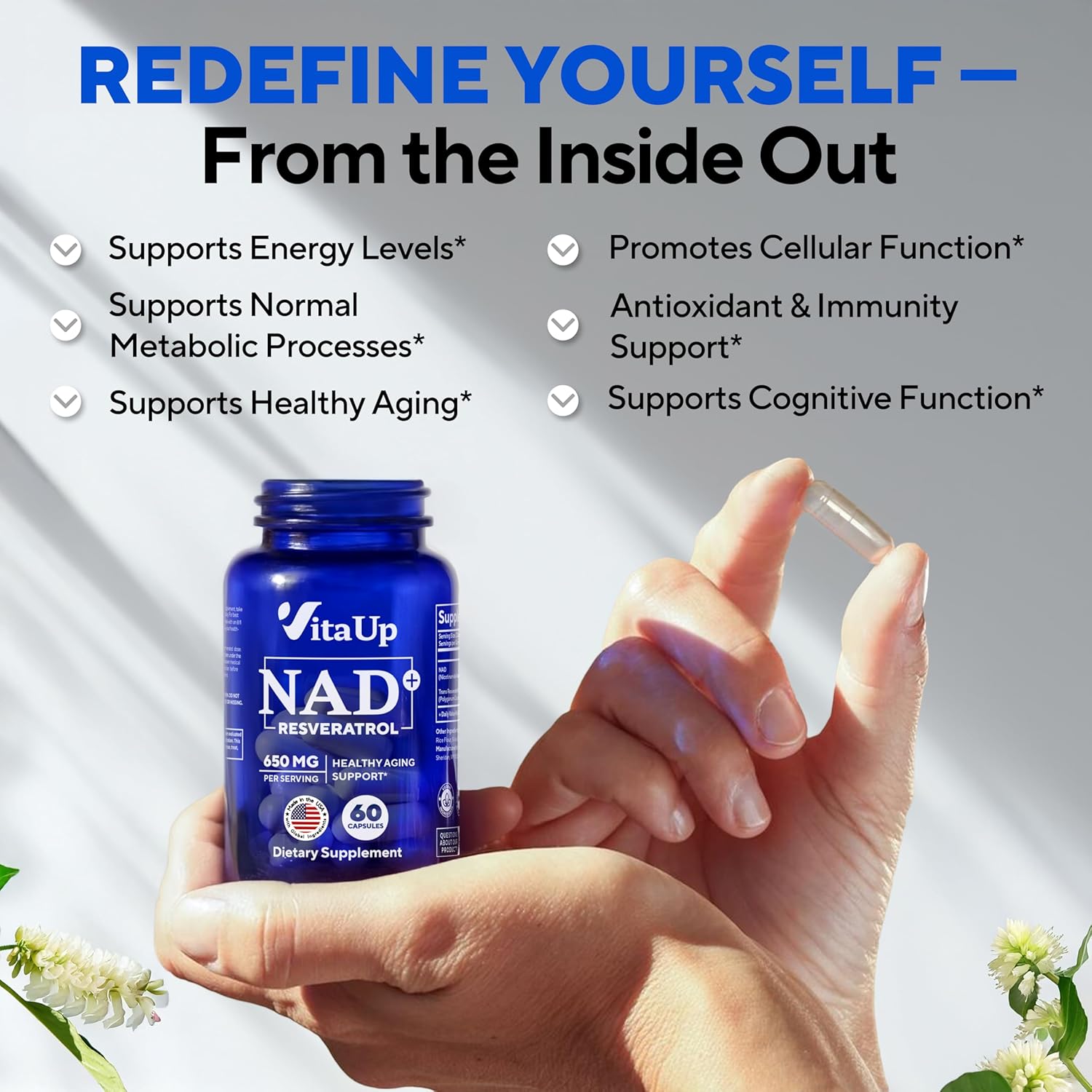 Vitaup Nad+ Resveratrol Supplement - Usa Made Trans Resveratrol Nad Supplement 650Mg - Nicotinamide Adenine Dinucleotide Capsules For Healthy Aging, Energy & Focus Support - 60 Count : Health & Household