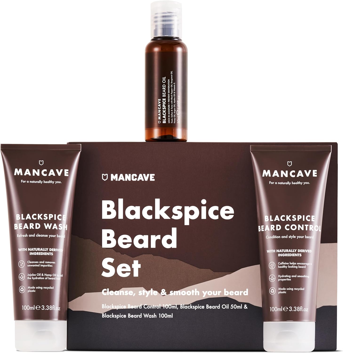 Mancave Blackspice Beard Gift Set With 3 Beard Grooming Essentials, For A Thicker, More Healthier Beard, Vegan Friendly, Tubes Made Using Recycled Plastics, Made In England