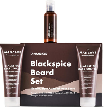 Mancave Blackspice Beard Gift Set With 3 Beard Grooming Essentials, For A Thicker, More Healthier Beard, Vegan Friendly, Tubes Made Using Recycled Plastics, Made In England