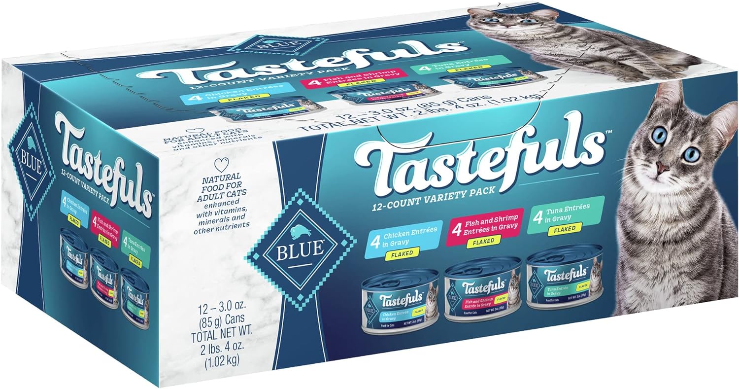 Blue Buffalo Tastefuls Flaked Wet Cat Food Variety Pack, Made With Natural Ingredients | Tuna, Chicken, Fish & Shrimp, 3-Oz. Cans (12 Count, 4 Of Each)