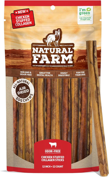 Natural Farm Chicken Stuffed Collagen Chews For Dogs (12 Inch, 12 Pack), Rawhide-Free Collagen Sticks, Odor-Free Natural Dog Chews, Long Lasting Treats For Small, Medium Dogs