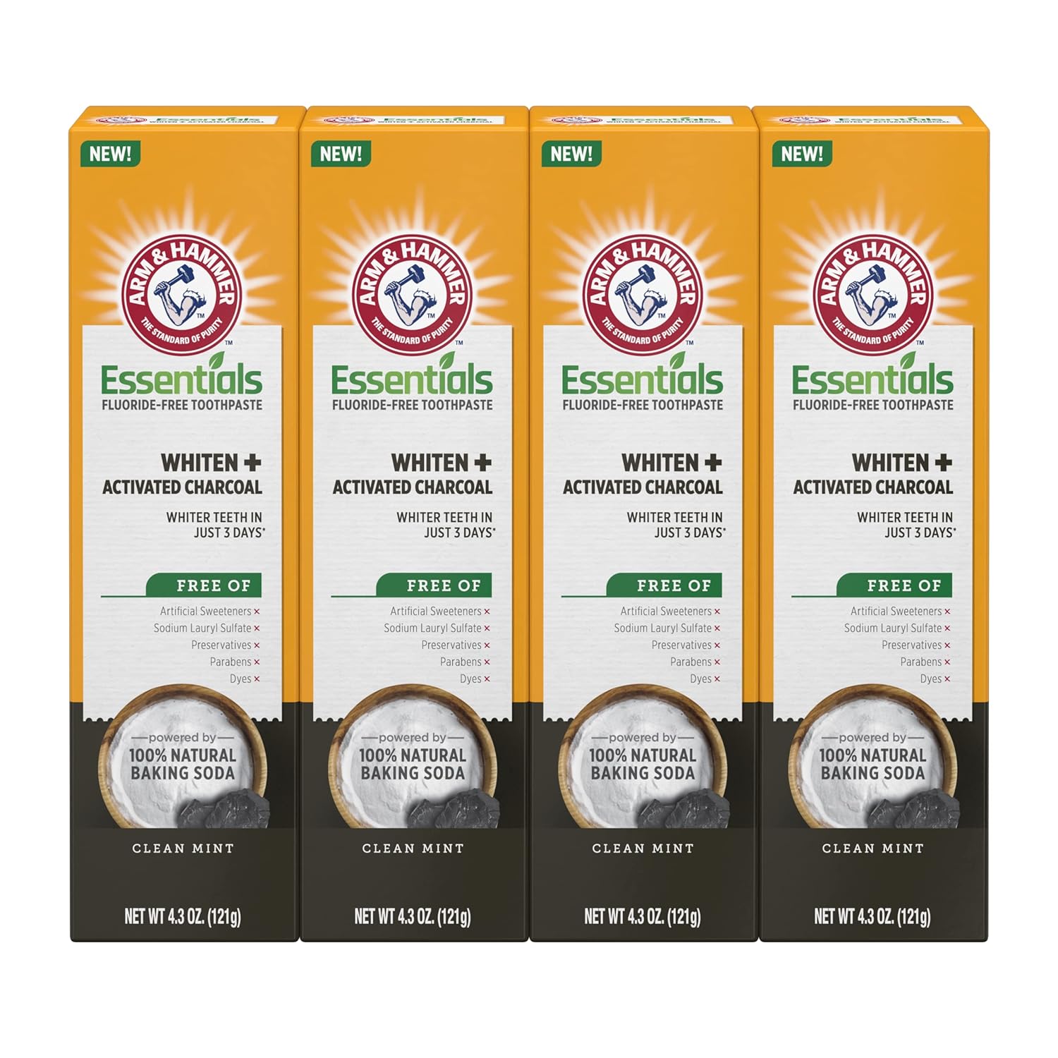 ARM & HAMMER Essentials Fluoride-Free Toothpaste Whiten + Activated Charcoal-4 Pack of 4.3oz Tubes, Clean Mint- 100% Natural Baking Soda