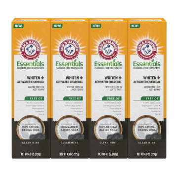 ARM & HAMMER Essentials Fluoride-Free Toothpaste Whiten + Activated Charcoal-4 Pack of 4.3oz Tubes, Clean Mint- 100% Natural Baking Soda