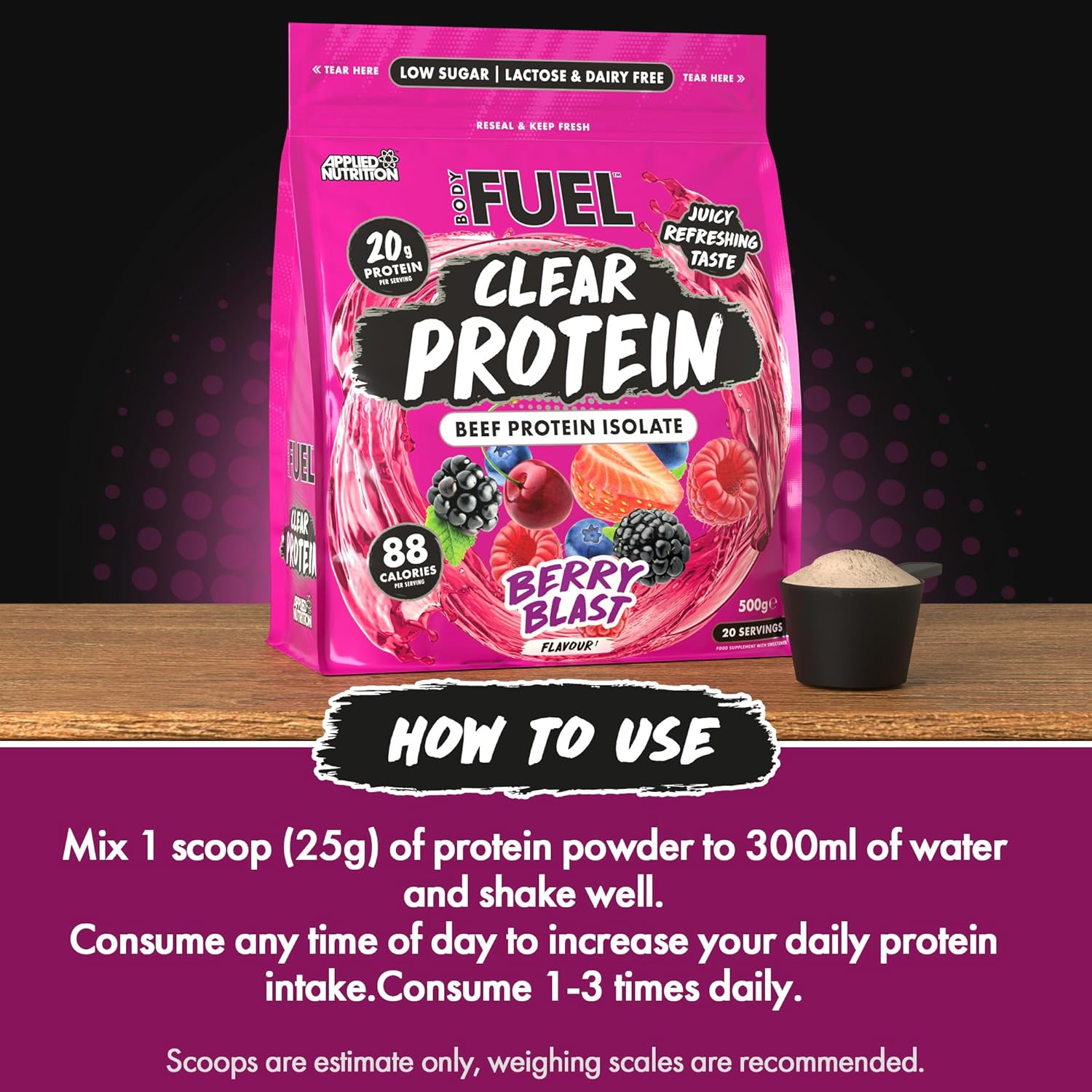 BodyFuel Clear Protein - Beef Protein Isolate - Clear & Refreshing - Best Low Sugar & Lactose-Free Protein Supplement - Muscle Support (500g - 20 Servings) (Berry Blast) : Amazon.co.uk: Health & Personal Care