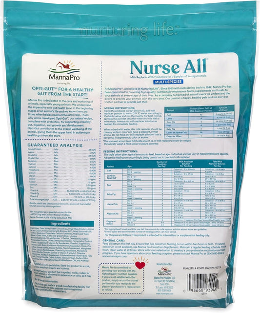 Manna Pro Nurse All Multi Species Milk Replacer With Probiotics | Helps Support Healthy Gut And Digestions| 8Lbs