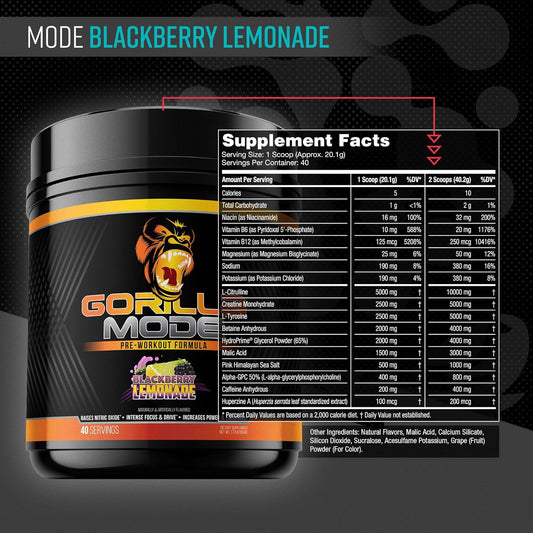 Gorilla Mind Pre Workout - Massive Pumps Laser Focus Energy Power - L-Citrulline, Creatine, L-Tyrosine, Betaine, Hydroprime, Alpha-Gpc, 400Mg Caffeine, Huperzine A 800G (Blackberry Lemonade)
