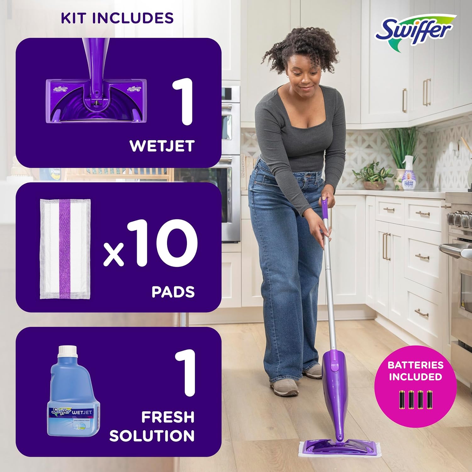 Swiffer Wetjet Hardwood And Floor Spray Mop, All-In-One Mopping Cleaner Starter Kit, Includes: 1 Wetjet, 10 Pads, 1 Cleaning Solution & 4 Batteries