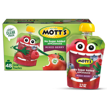 Mott'S No Sugar Added Mixed Berry Applesauce, 3.2 Oz Clear Pouches, 48 Count (4 Packs Of 12), Good Source Of Vitamin C, No Artificial Flavors