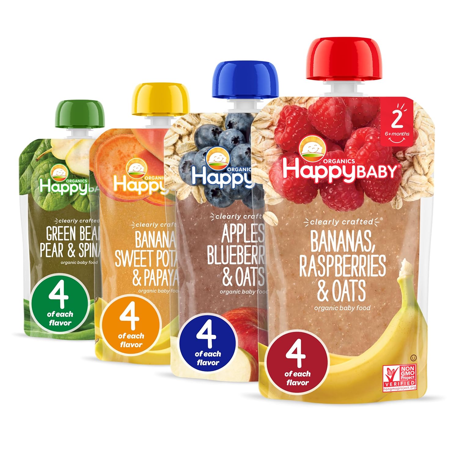 Happy Baby Organics Stage 2 Baby Food Pouches, Gluten Free, Vegan & Healthy Snack, Clearly Crafted Fruit & Veggie Puree, Fruit & Veggie Variety Pack, 4 Ounces (Pack Of 16)