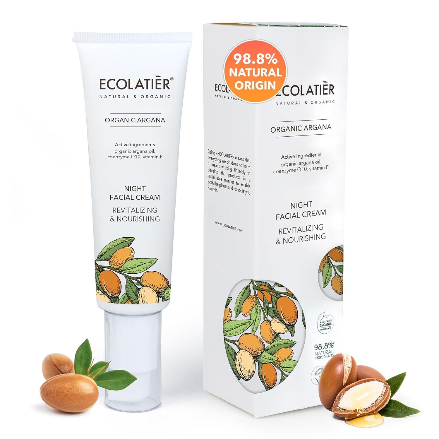 Night Cream With Organic Argan Oil – Revitalizing & Nourishing, Anti-Aging Face Moisturizer With Vitamin C, Vegan, 97.7% Natural Ingredients, 1.7 Fl Oz - Ecolatier