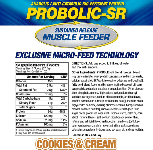Maximum Human Performance Probolic-Sr Sustained Release Protein Powder, 24G Protein, Bcaas, Glutamine, Arginine, Pre-Workout, Post-Workout, Nighttime Protein, 2Lbs, 26 Servings, Cookies & Cream