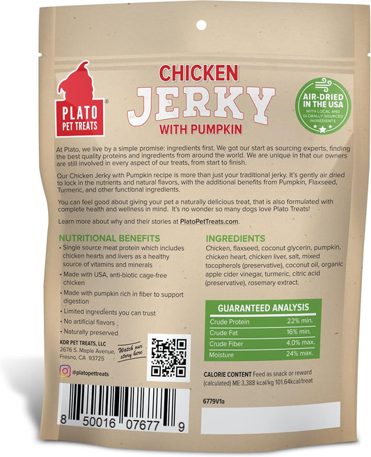PLATO Pet Treats Air Dried, Real Meat, Chicken Jerky with Pumpkin Dog Treats, Made in The USA, Grain Free, 16oz : Pet Supplies