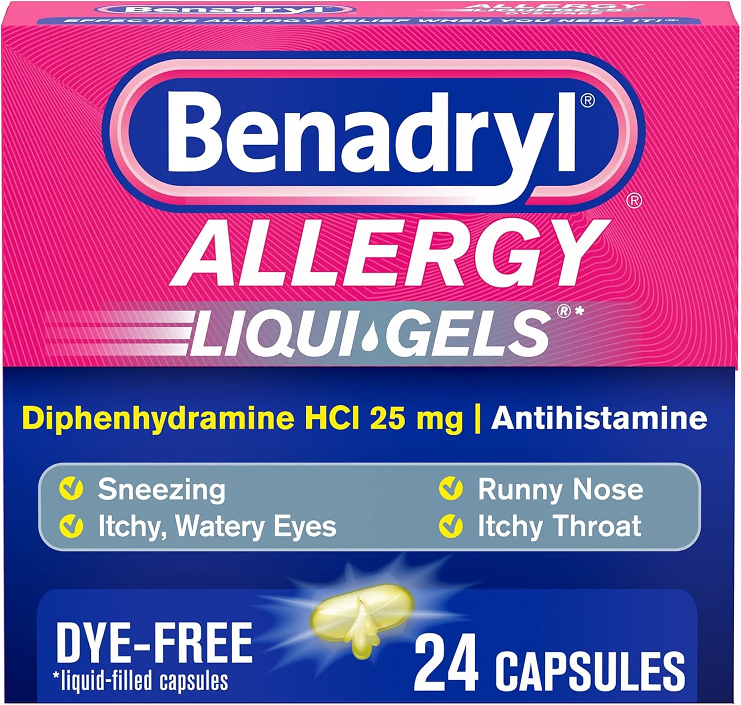 Benadryl Liqui-Gels Antihistamine Allergy Medicine & Cold Relief, Dye Free, 24 Ct