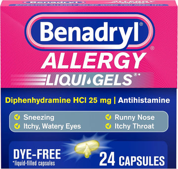 Benadryl Liqui-Gels Antihistamine Allergy Medicine & Cold Relief, Dye Free, 24 Ct