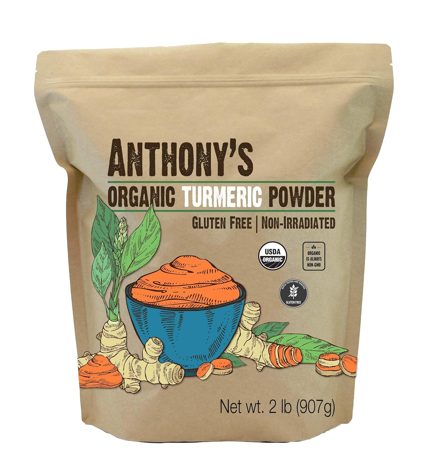 Anthony's Organic Turmeric Root Powder, 2 lb, Curcumin Powder, Gluten Free & Non GMO (Pack of 1)
