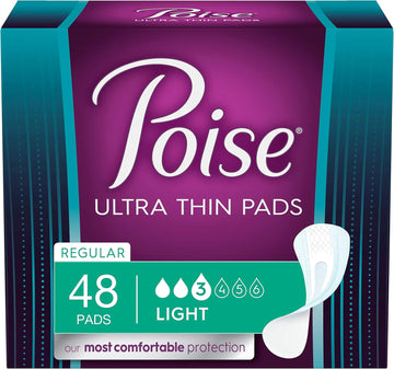 Poise Ultra Thin Incontinence Pads For Women, Light Absorbency, Regular Length, 48 Count (Packaging May Vary)