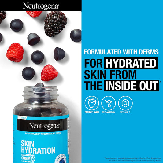 Neutrogena Skin Hydration Astaxanthin Gummies With Vitamin C, Skincare Supplements For Hydrated, Smooth & Healthy Skin, Daily Antioxidant Gummies For Skin Health, Berry Flavor, 60 Ct