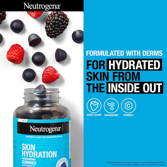 Neutrogena Skin Hydration Astaxanthin Gummies with Vitamin C, Skincare Supplements for Hydrated, Smooth & Healthy Skin, Daily Antioxidant Gummies for Skin Health, Berry Flavor, 60 ct