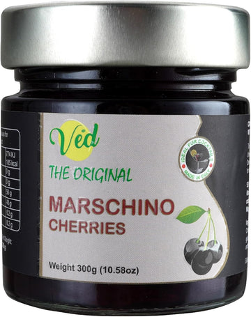 Ved Gourmet Original Black Maraschino Cherries - Italian Cherry For Old-Fashioned Cocktails - Vegan Cocktail, Bourbon Cherries In Natural Syrup For Cocktail Garnish,300G